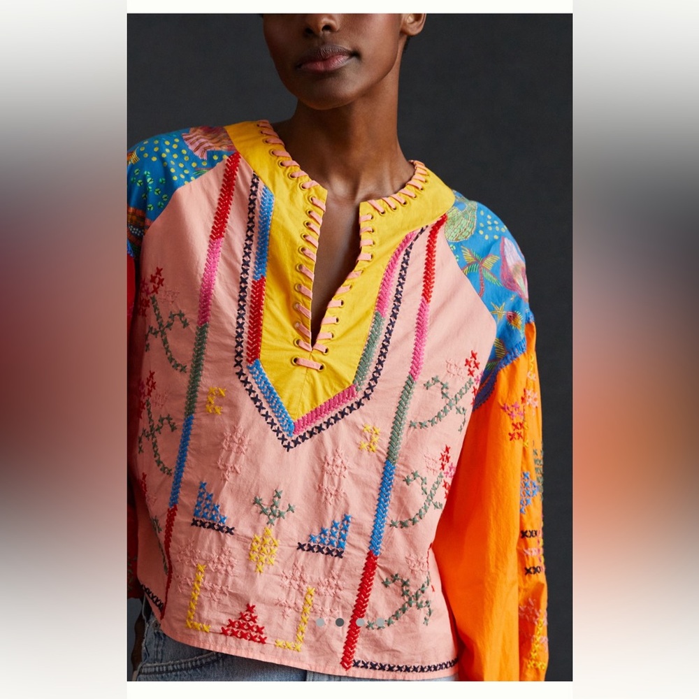 Farm Rio Color Block Embroidered Blouse - Picture 3 of 6